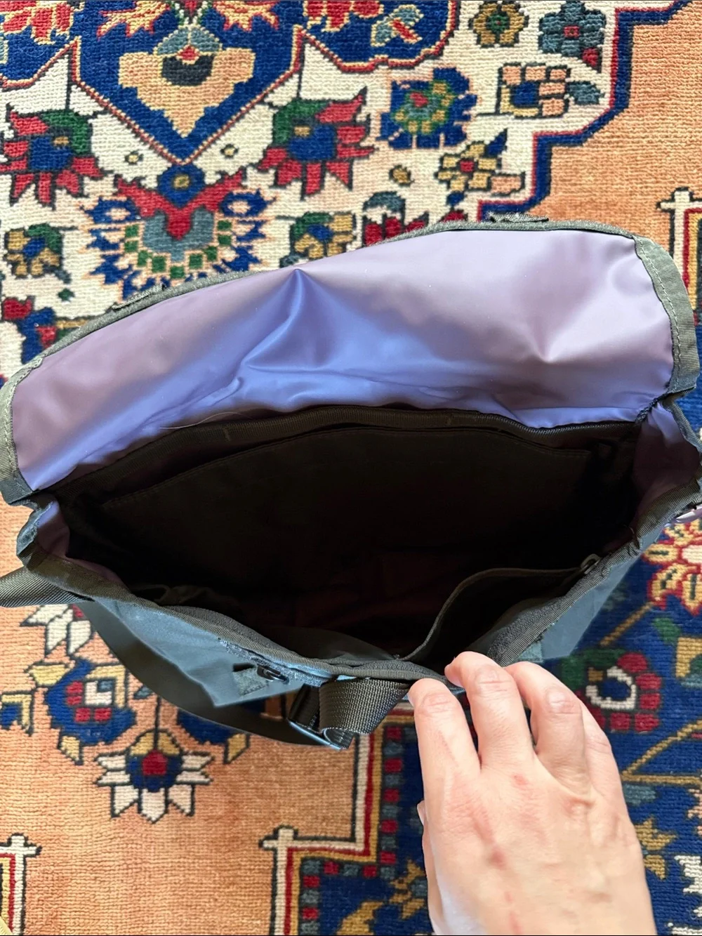 Timbuk2 Olive Green Messenger Bag with Purple Buckle Accent